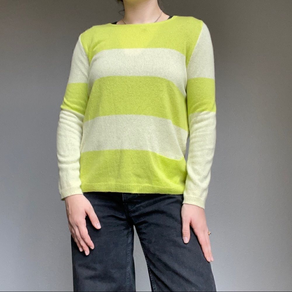 Luisa Cerano Lime Green White Cashmere Light Weight Pullover Sweater Sz M